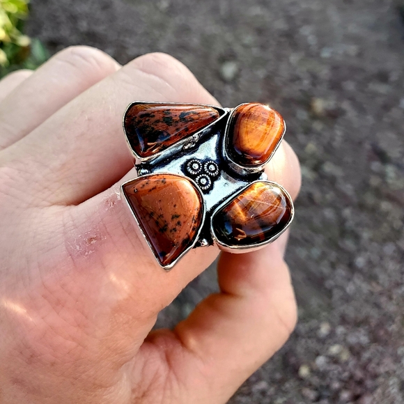 New Tiger Eye & Mahogany Obsidian 925 Silver Ring. - Picture 11 of 15
